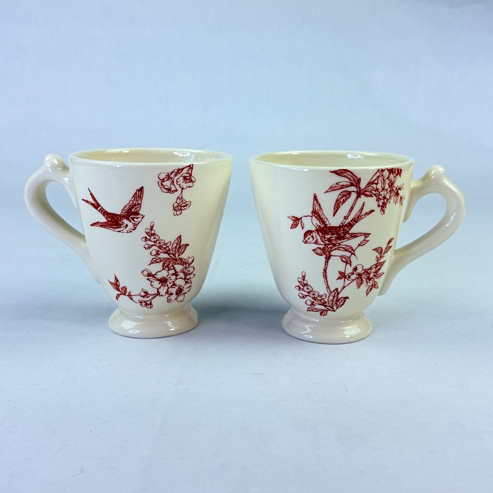 Andrea by Sadek Bird Toile Mugs Set of 2 Red Cream Elisabeth Trostli Footed Cups